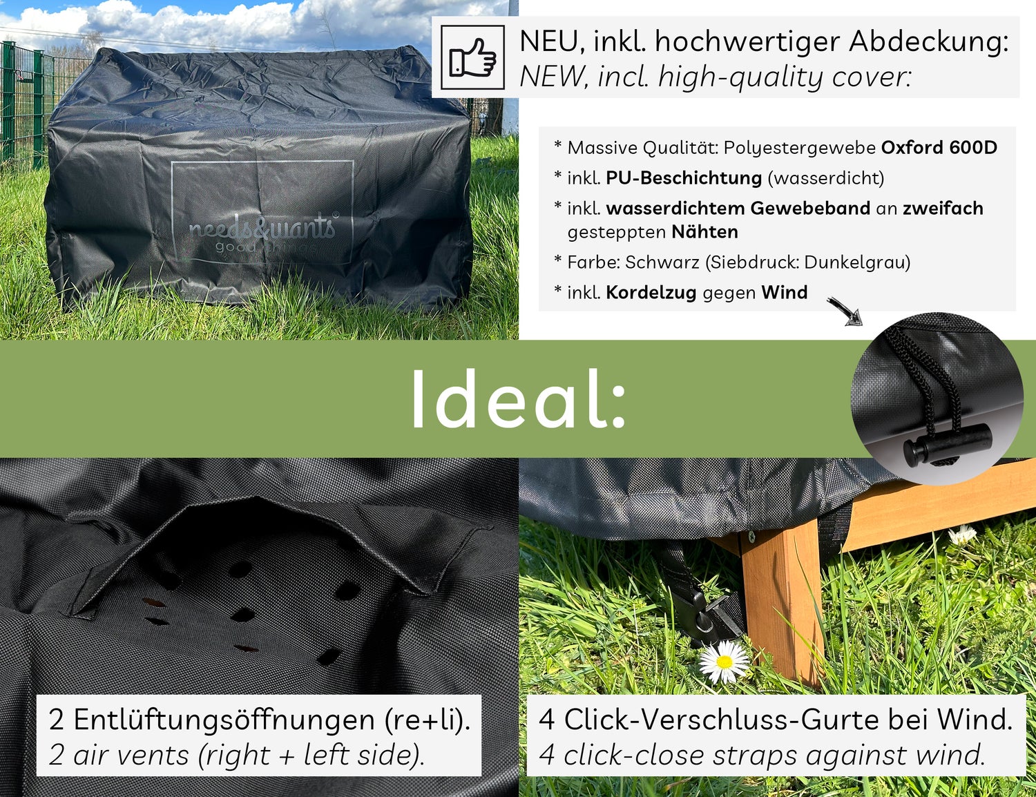 needs&wants® Weerbestendige houten tuinbank met opbergruimte en hoes, 2-zitskistbank, klassieke houten bank, parkbank, massief houten tuinbank met opbergkist, natuurlijk hout, donkerbruin