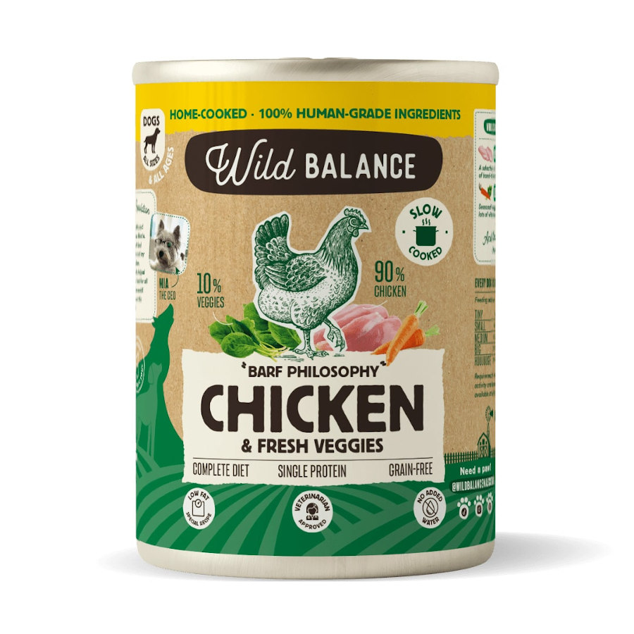 Ração Wild Balance BARF de Frango e Vegetais em lata, 400g, para cães.