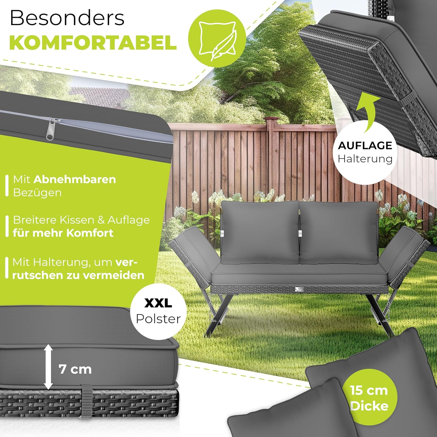 KESSER® Gartenbank Polyrattan Luna mit Liegefunktion Gartensofa 4 in 1 Verstellfunktion Gartencouch Wetterfest Balkonsofa Verstellbare Armlehnen, Extra Dicke & Weiche Polsterung Garten/Balkon/Terrasse