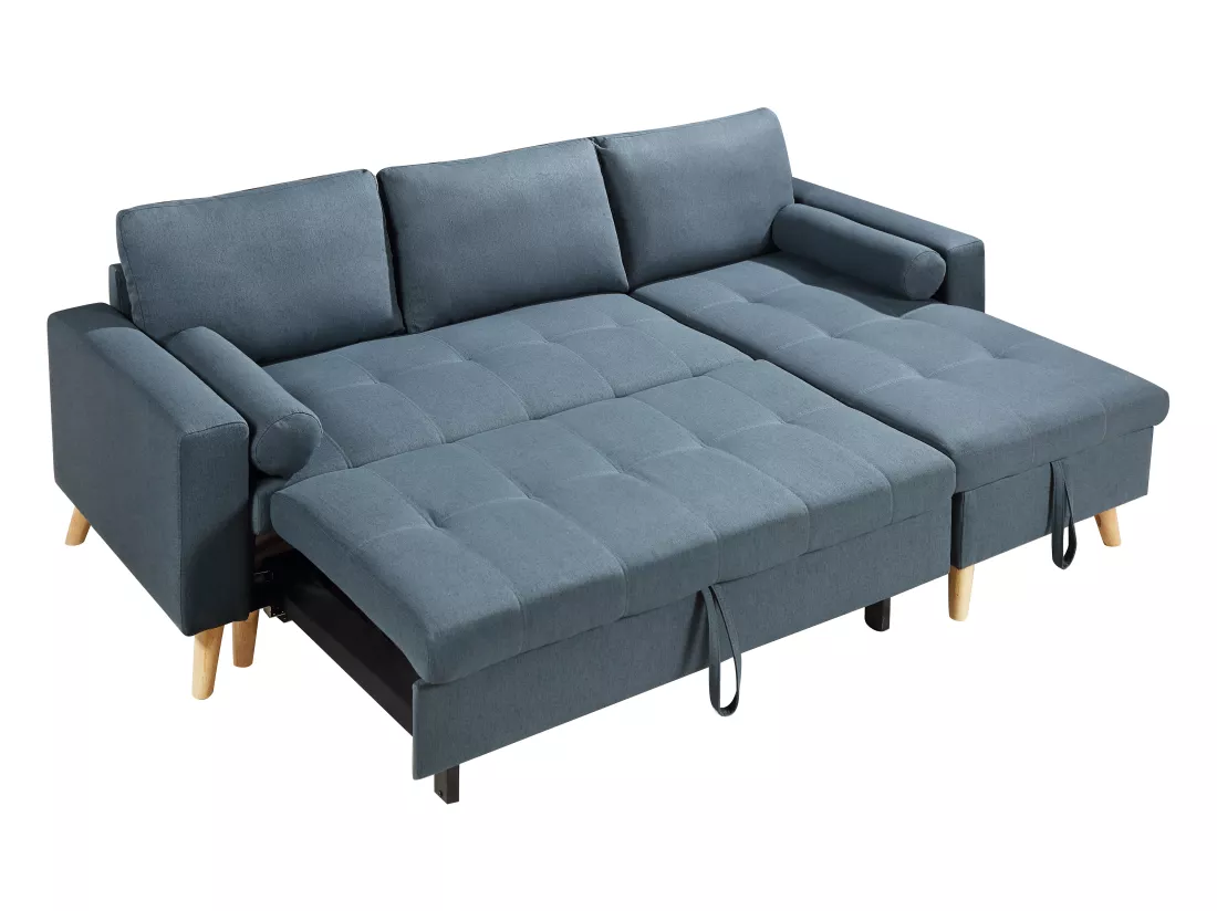 Canapé d'angle convertible et réversible en tissu bleu canard avec coffre de rangement KORI