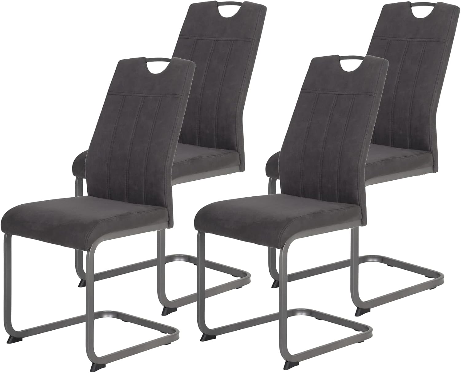 Hela Tische, 4er Set Esszimmerstuhl, Schwingstuhl CHRISTINA, Microfaser Vintage-Optik Anthrazit, Metallgestell Grau, Lehne mit Griff