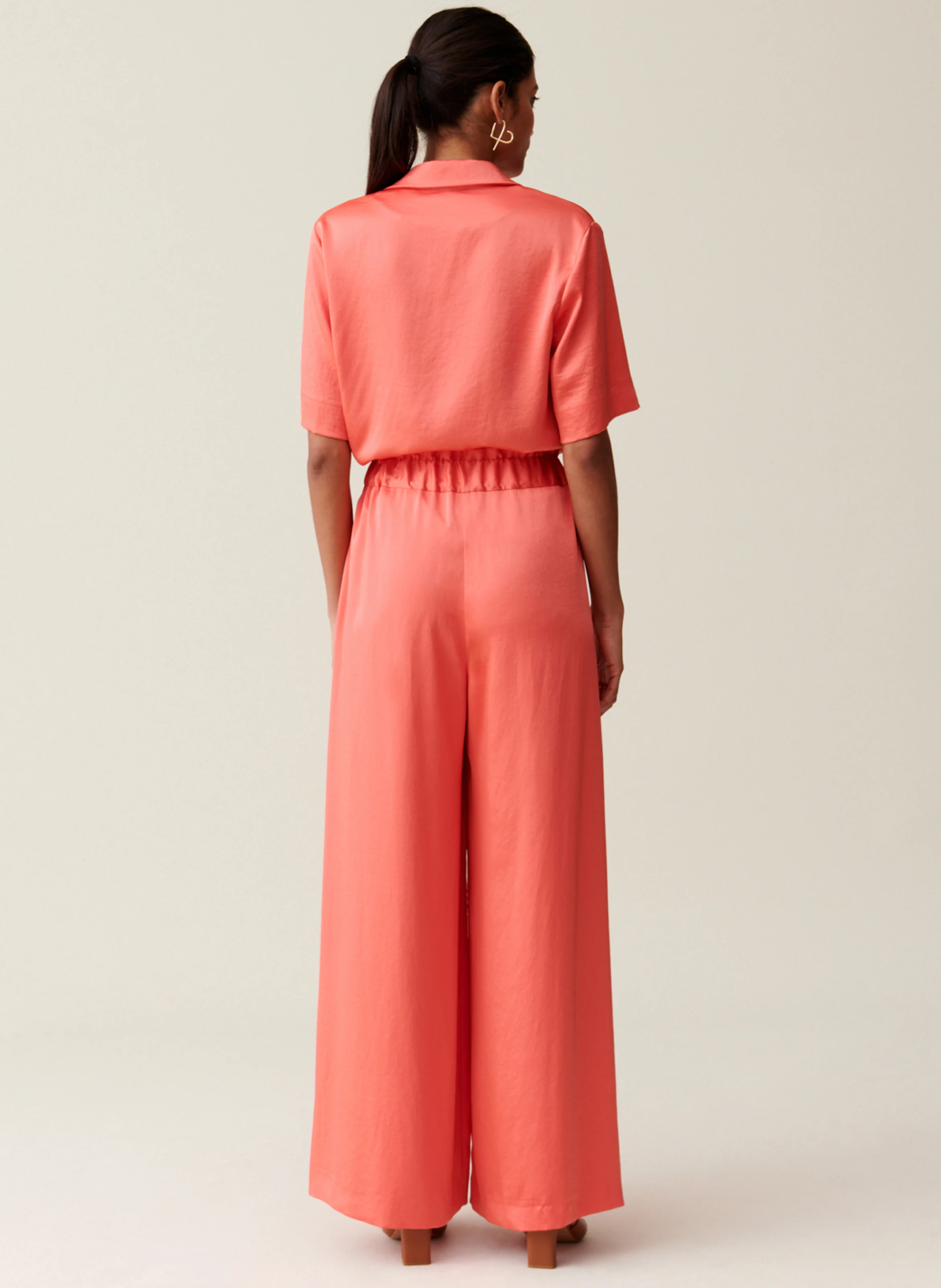Pantalon large taille haute satiné | Orange