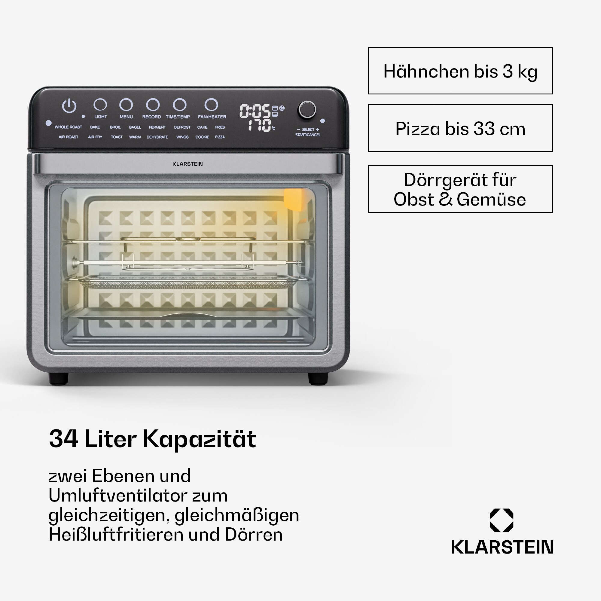 Air Glaze Digital Heißluftfritteuse | 2100 W | 16 Programme | App | 34 Liter | inkl. Zubehörset Edelstahl