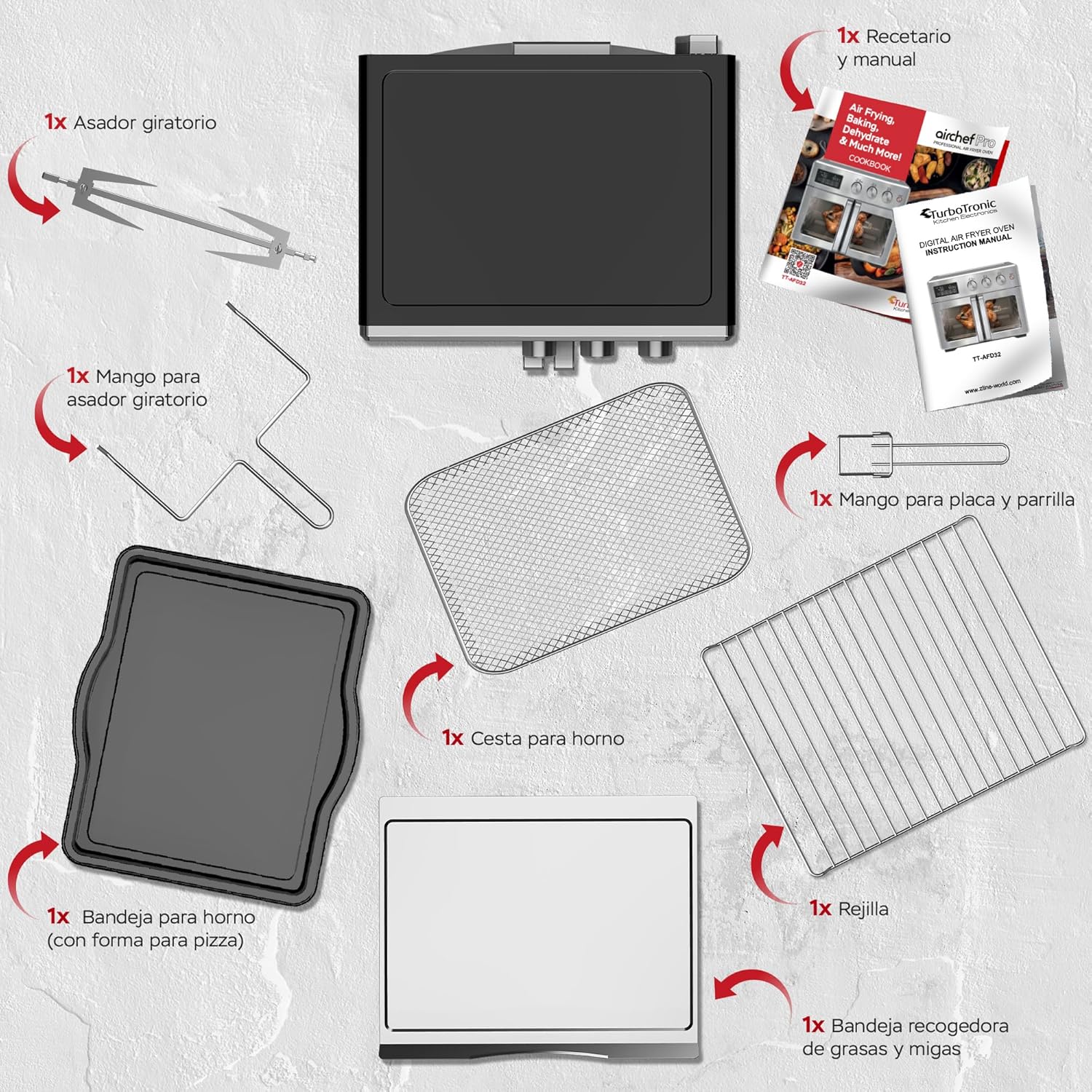 TurboTronic Mini Backofen - 4in1 Heißluftofen und Heißluftfritteuse XXL Version 32L inkl. Drehspieß & viel Zubehör, Dörrgerät ab 25°C & Grill, Airfryer, kleine Mini Tisch Back Pizzaofen (schwarz)