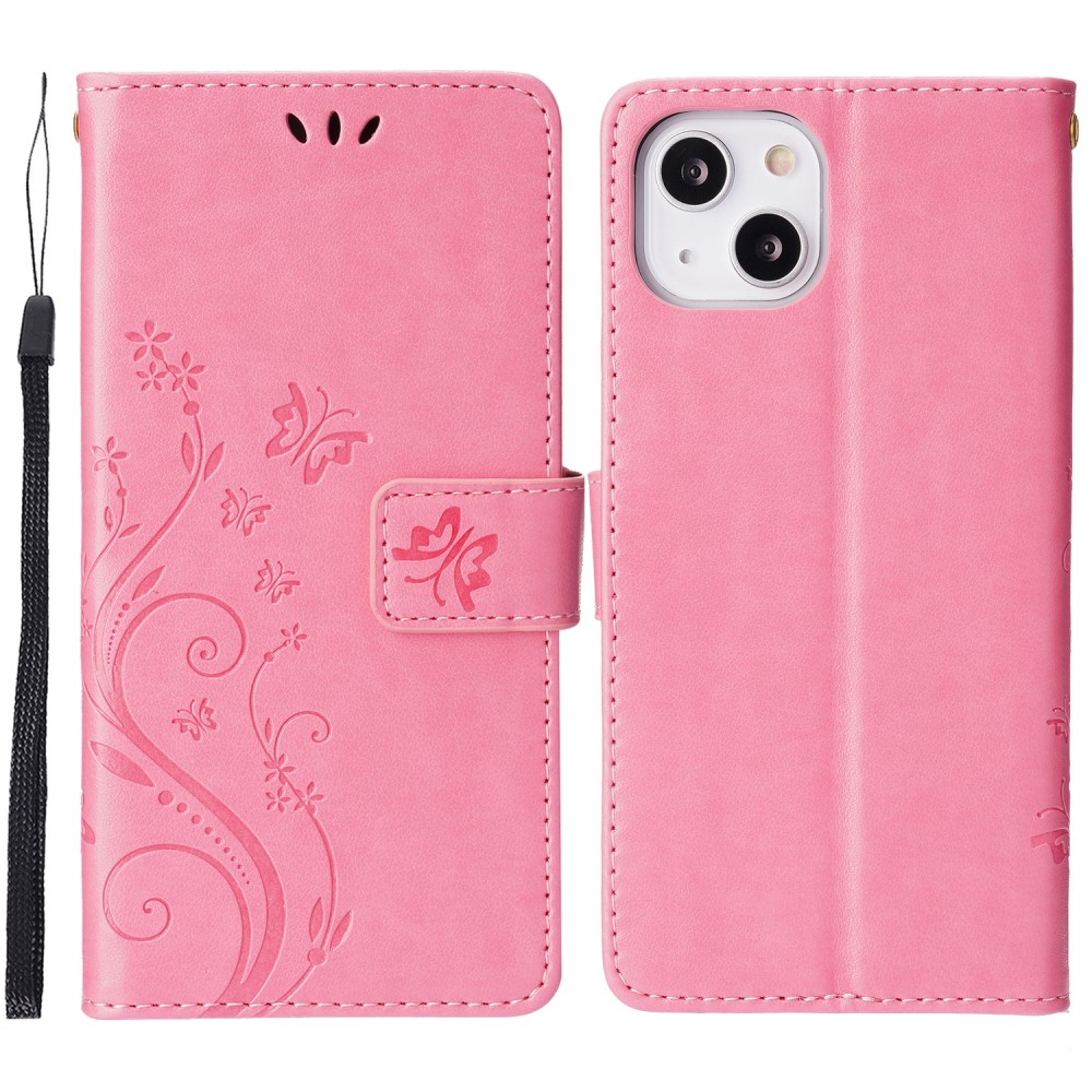 iPhone 13 Leder Tasche mit Kartenfach   Handschlaufe Butterfly Flowers - Pink