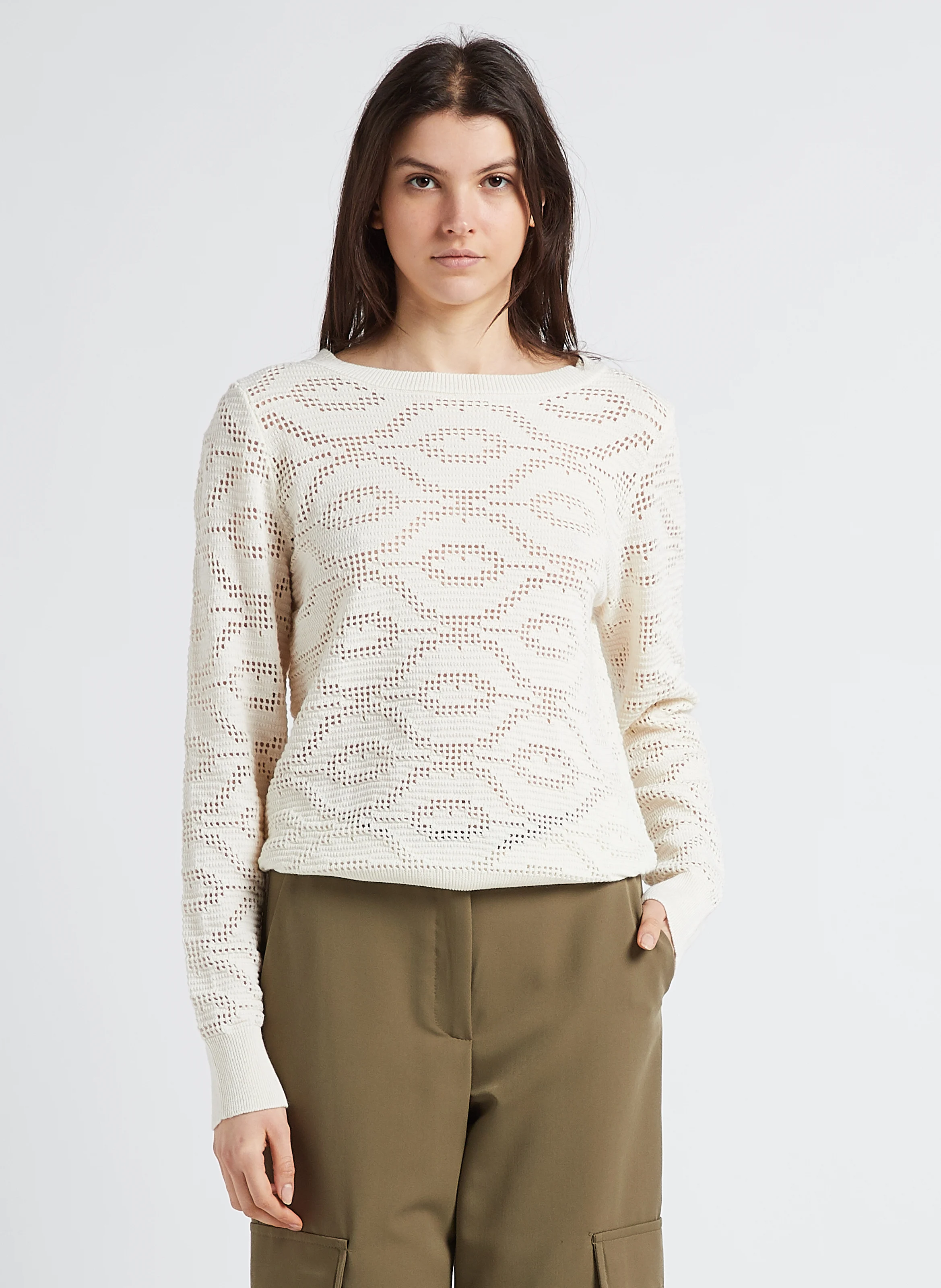 PERPLEXE - Pull col rond ajouré en coton mélangé | Blanc