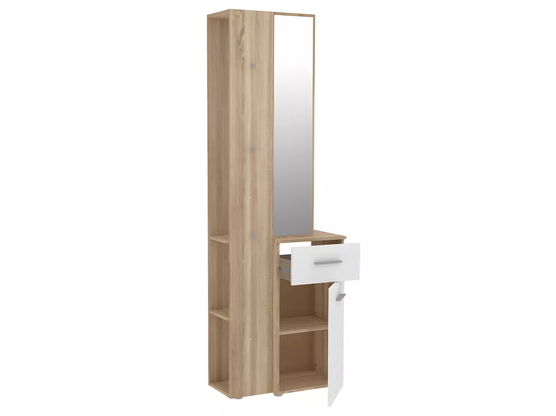 Meuble d'entrée avec miroir et rangements décor bois et blanc - NINA