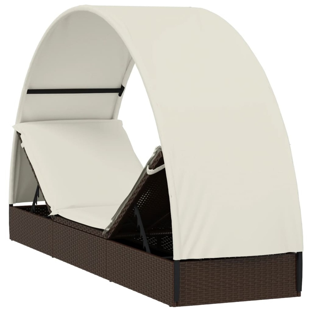 Transat chaise longue bain de soleil lit de jardin terrasse meuble d'extérieur avec toit rond marron 211x57x140cm résine tres