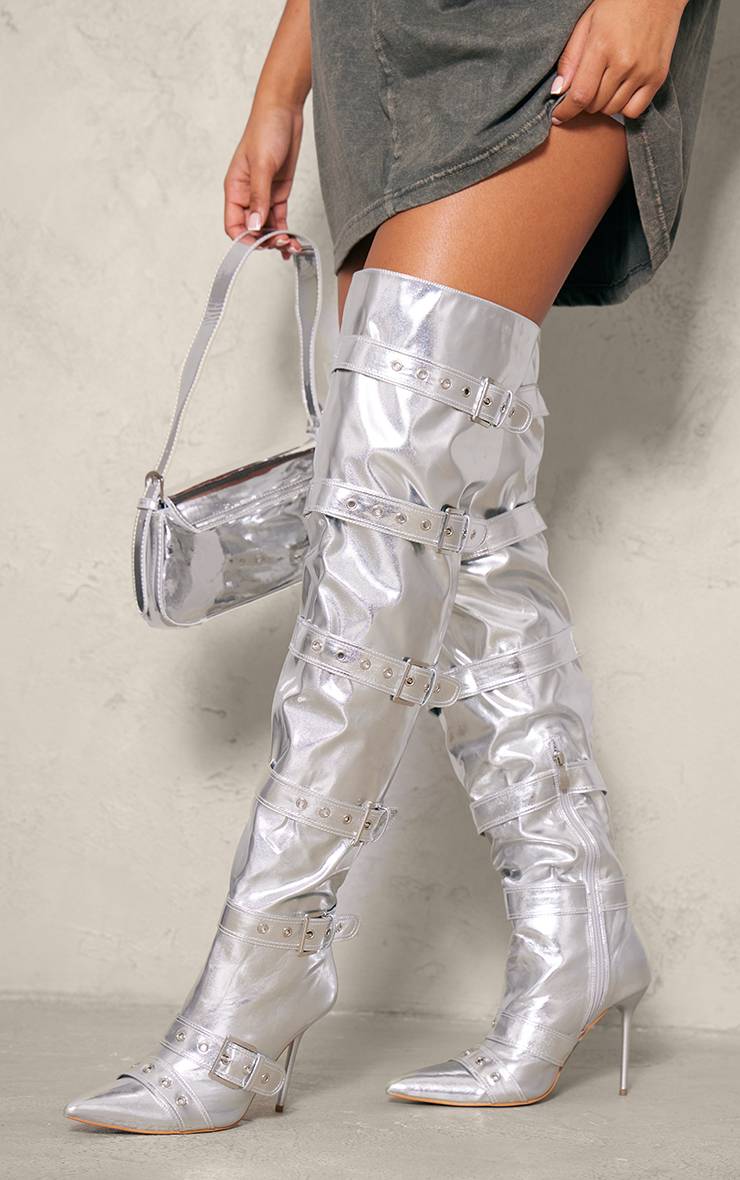 Argenté Bottes À Talons Montantes Au-dessus Du Genou En Synthétiquecuir À Bout Pointu Avec Boucle