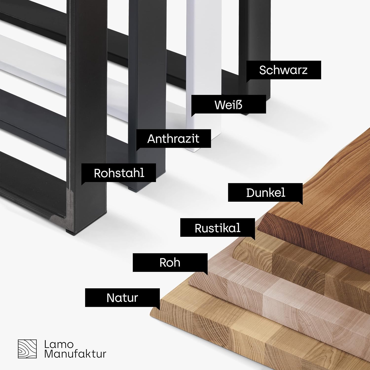 LAMO Manufaktur Esstisch Küchentisch Schreibtisch Couchtisch aus Massivholz, mit Baumkante 140x60x76 cm (AxBxH), Modern, Natur/Schwarz, LNB-01-A-002-9005M