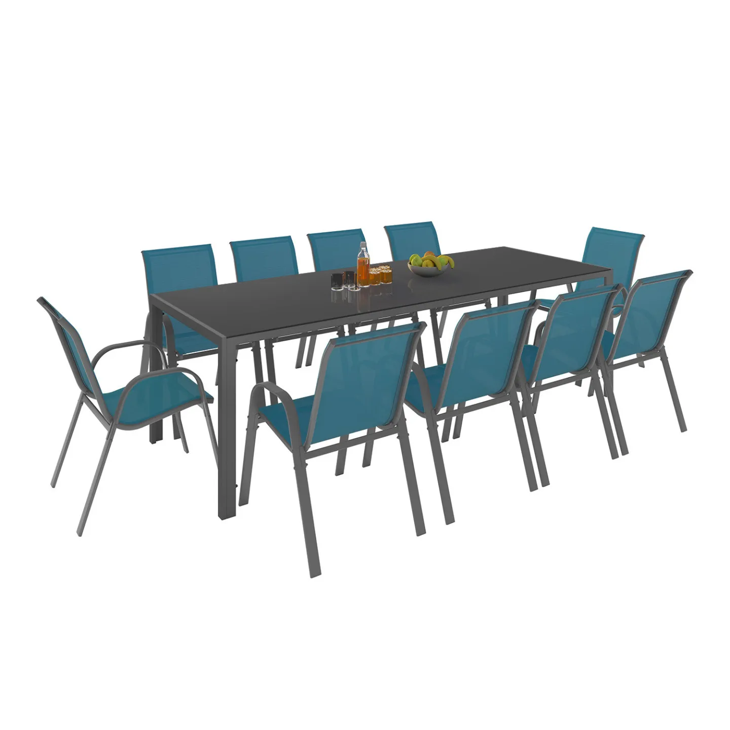 Salon de jardin MADRID table 240 CM et 10 chaises empilables bleu canard