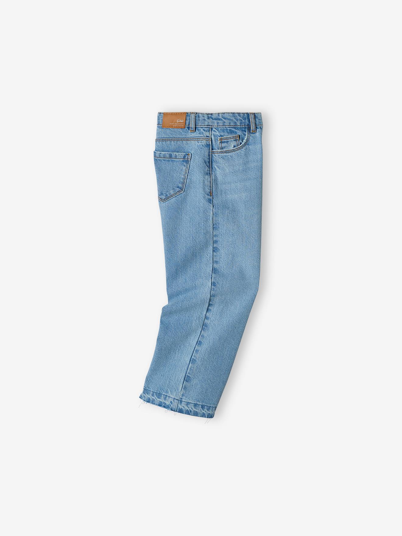Calça jeans de perna larga com barra desfiada para meninas, jeans azul