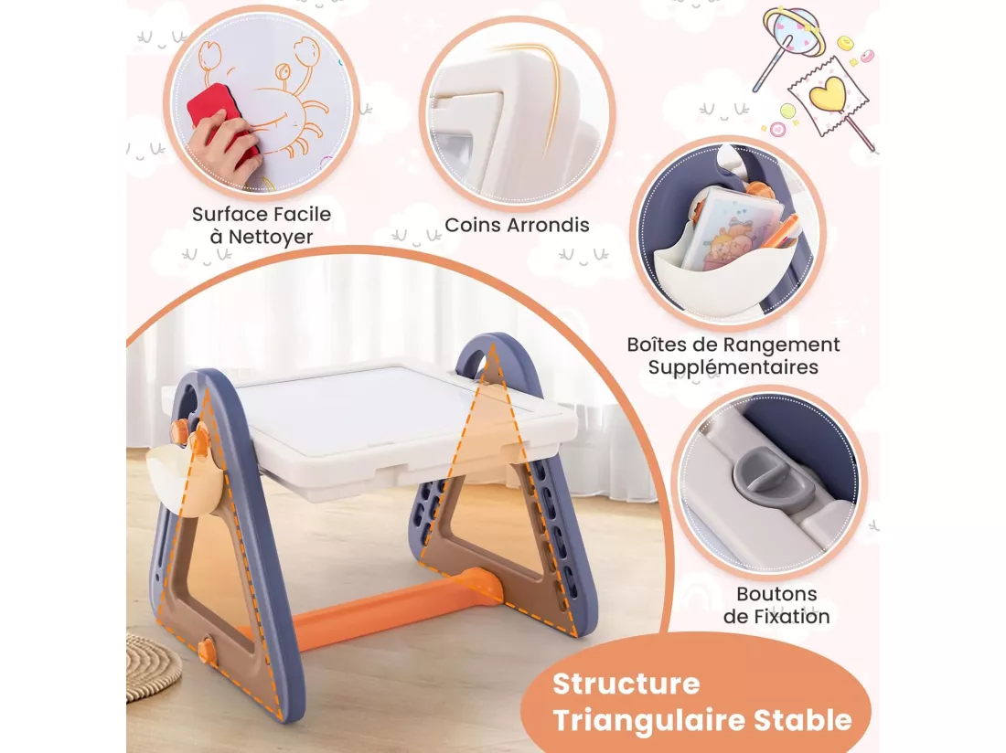 6 en 1 table enfant avec chaise et plateau double face & rotatif, charge 75kg