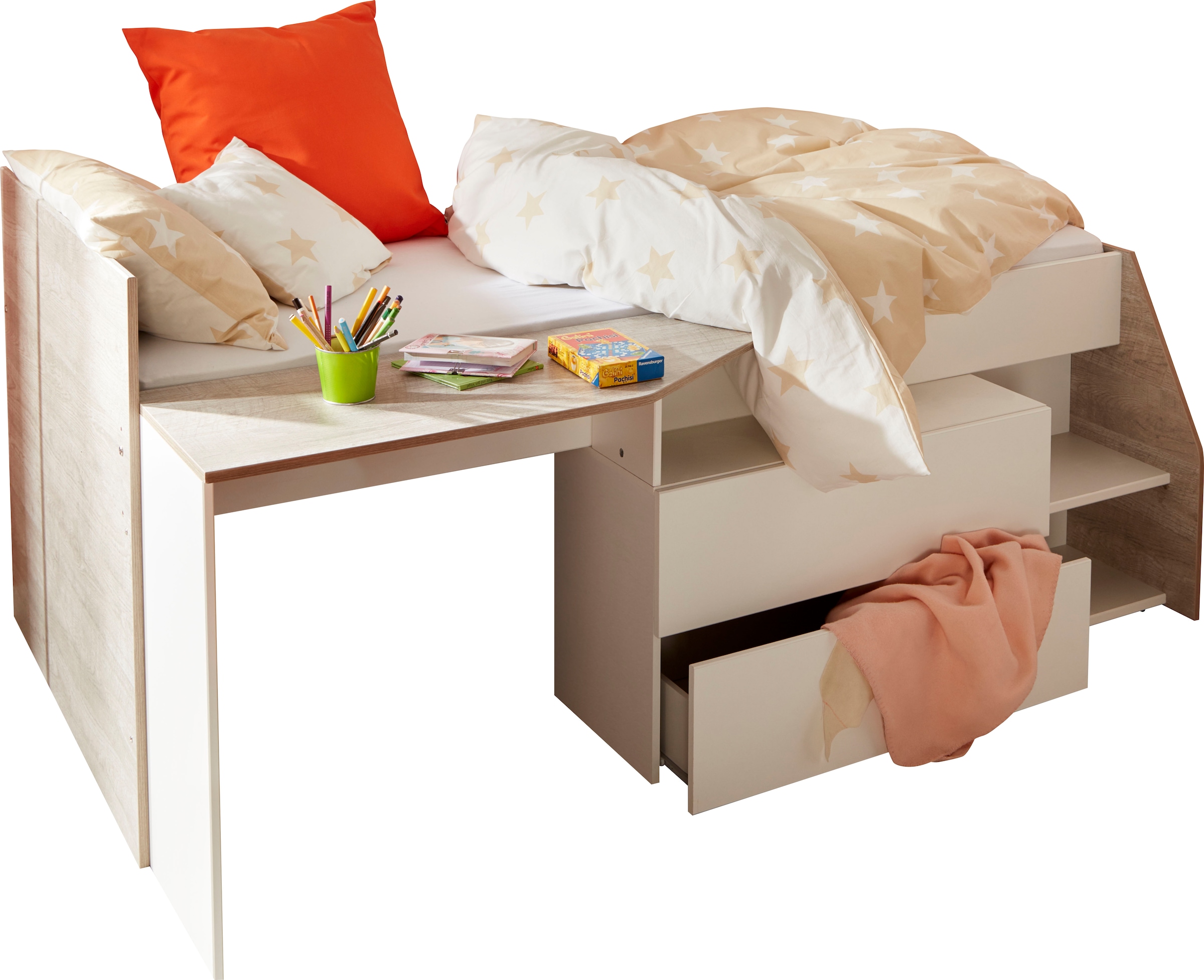 Parisot Hochbett »Milky« mit kleiner Arbeitsfläche und kleiner Kommode, extra Stauraum