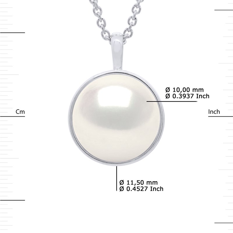 Collier Bélière Entourage Lisse - Véritable Perle de Culture d'Eau Douce Bouton 10-11 mm - Blanc Naturel - Or Blanc