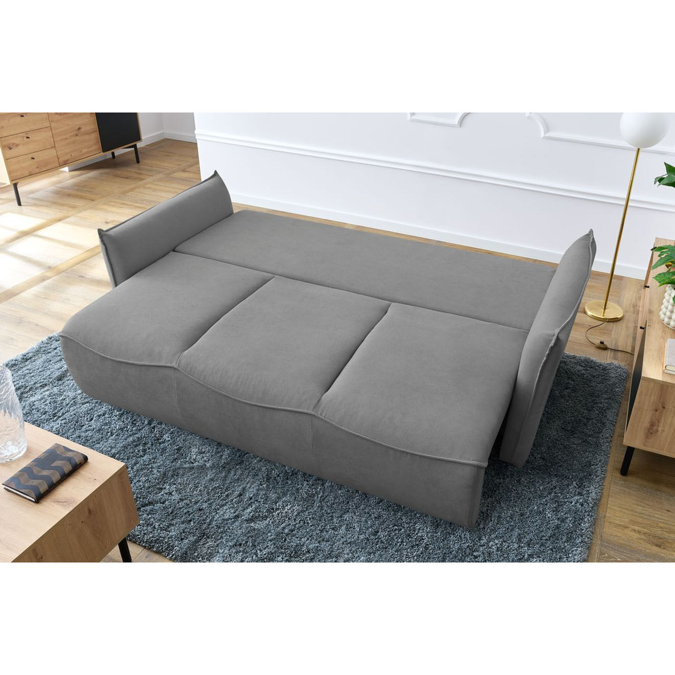 Bobochic Canapé 3 places convertible coffre Bouclette Leon gris clair - 226x97x90 cm