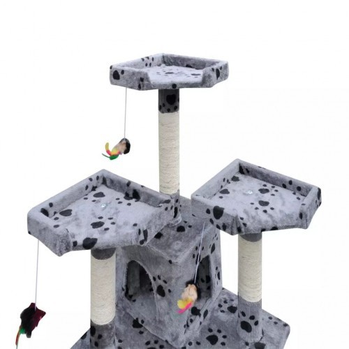 Arranhador e 2 casinhas para gatos, estampa de patas cinzas.