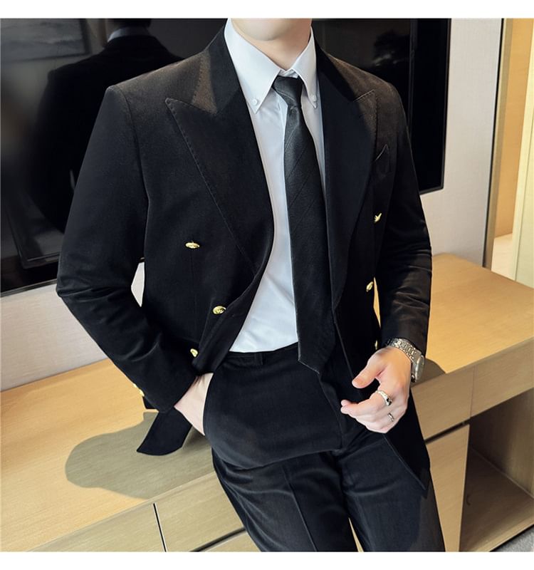 Lefitt - Set: Peak Lapel Plain Double-Breasted Blazer + High Waist Cropped Tapered Pants