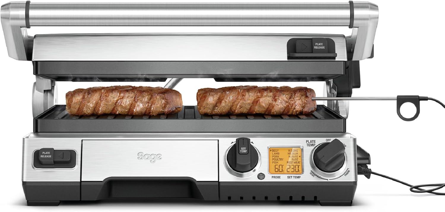 Sage - The Smart Grill Pro - Elektrischer Grill, Kontaktgrill - Optimale Ergebnisse mit Temperaturfühler - Abnehmbare Grillplatten - Für Drinnen & Draußen - Leicht zu Reinigen - Gebürsteter Edelstahl