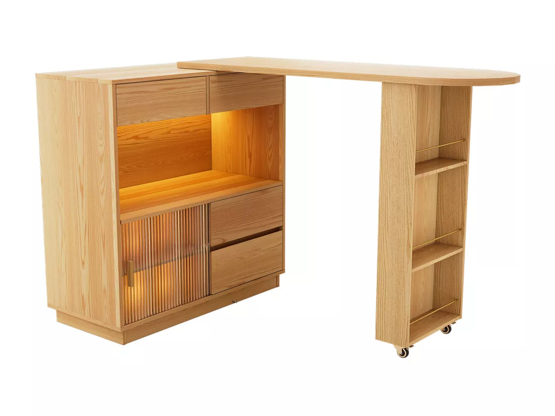 Bureau d'angle avec armoire de rangements - Plateau de table rotatif et rétractable- avec LED - Naturel