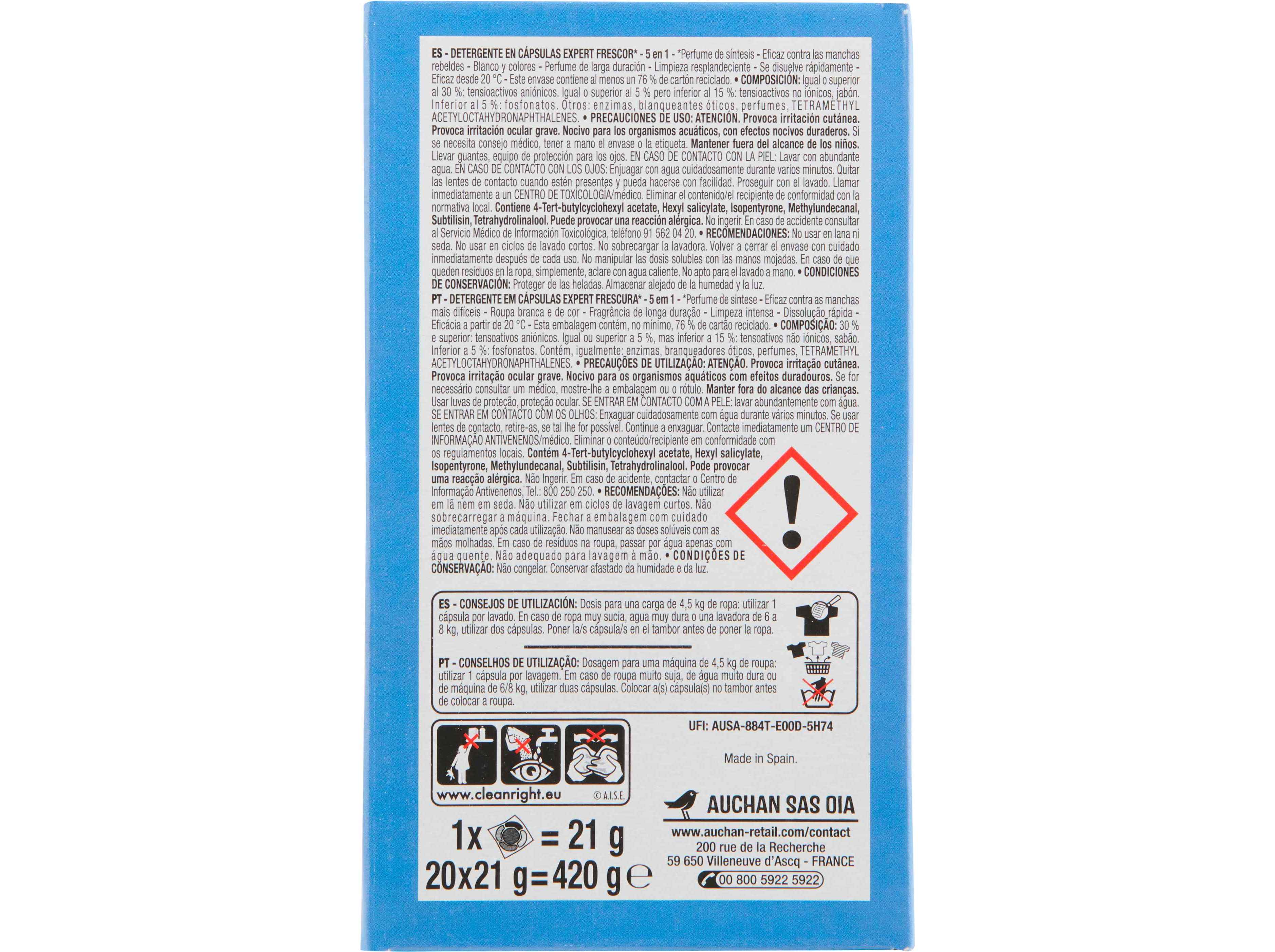 DETERGENTE ROUPA AUCHAN CÁPSULAS 5 EM 1 EXPERT FRESCURA 20 DOSES