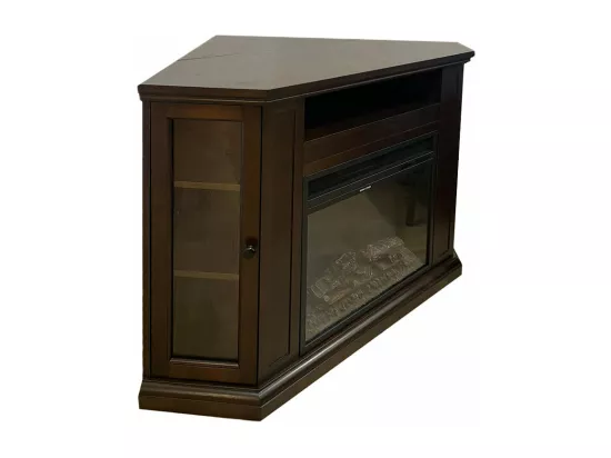 Cheminée électrique d'angle au sol en bois de noyer L126 x P78 x H83