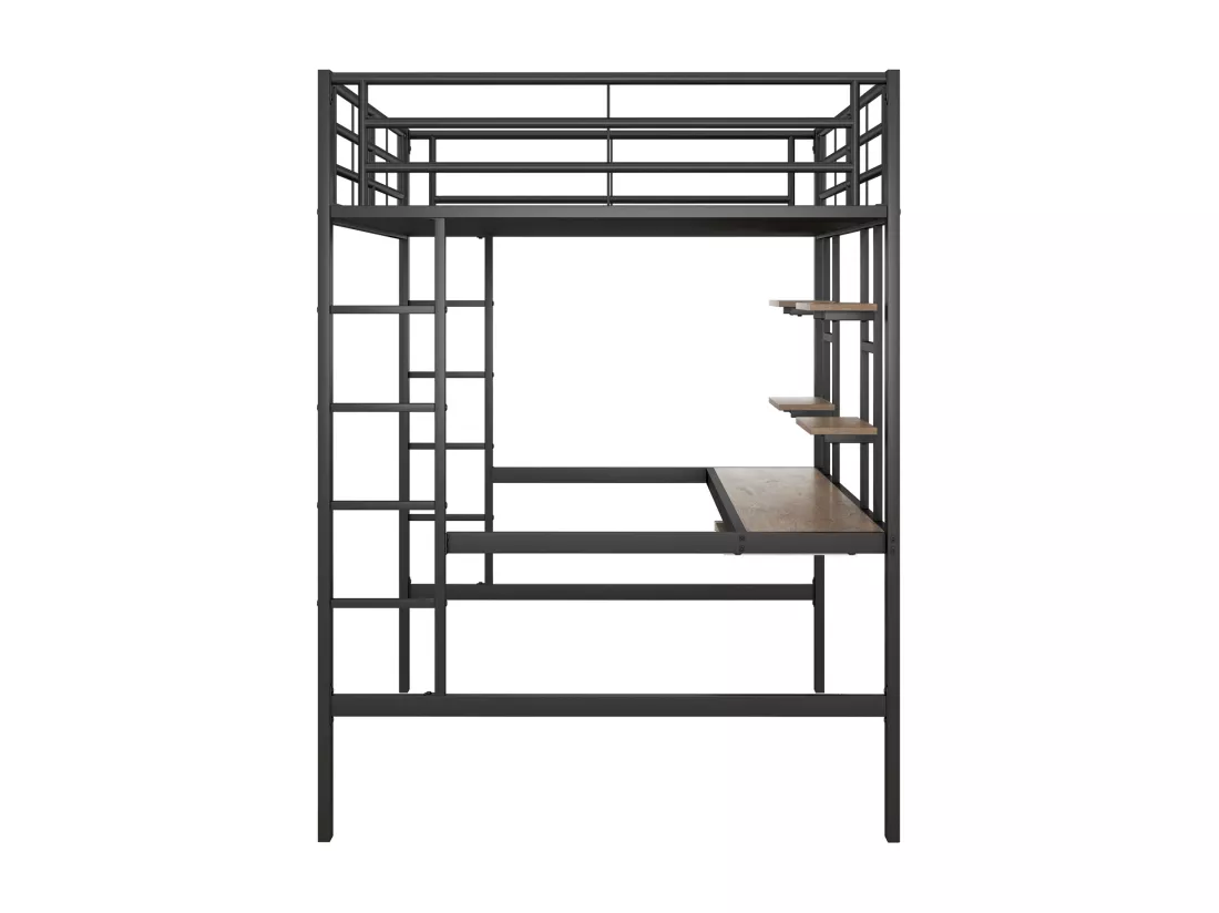 Lit mezzanine 140x200cm pour enfants - Cadre de lit en fer lit surélevé avec bureau pour étude et 2 étagères - noir