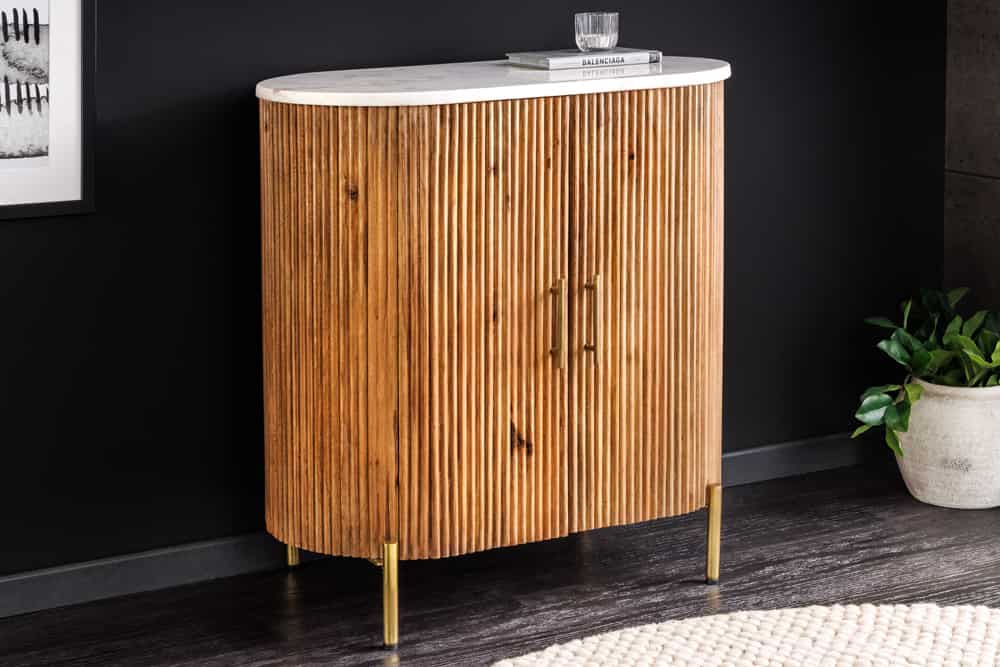 Massives Sideboard TRES CHIC 75cm natur Mangoholz weiß Marmor gold Metall
