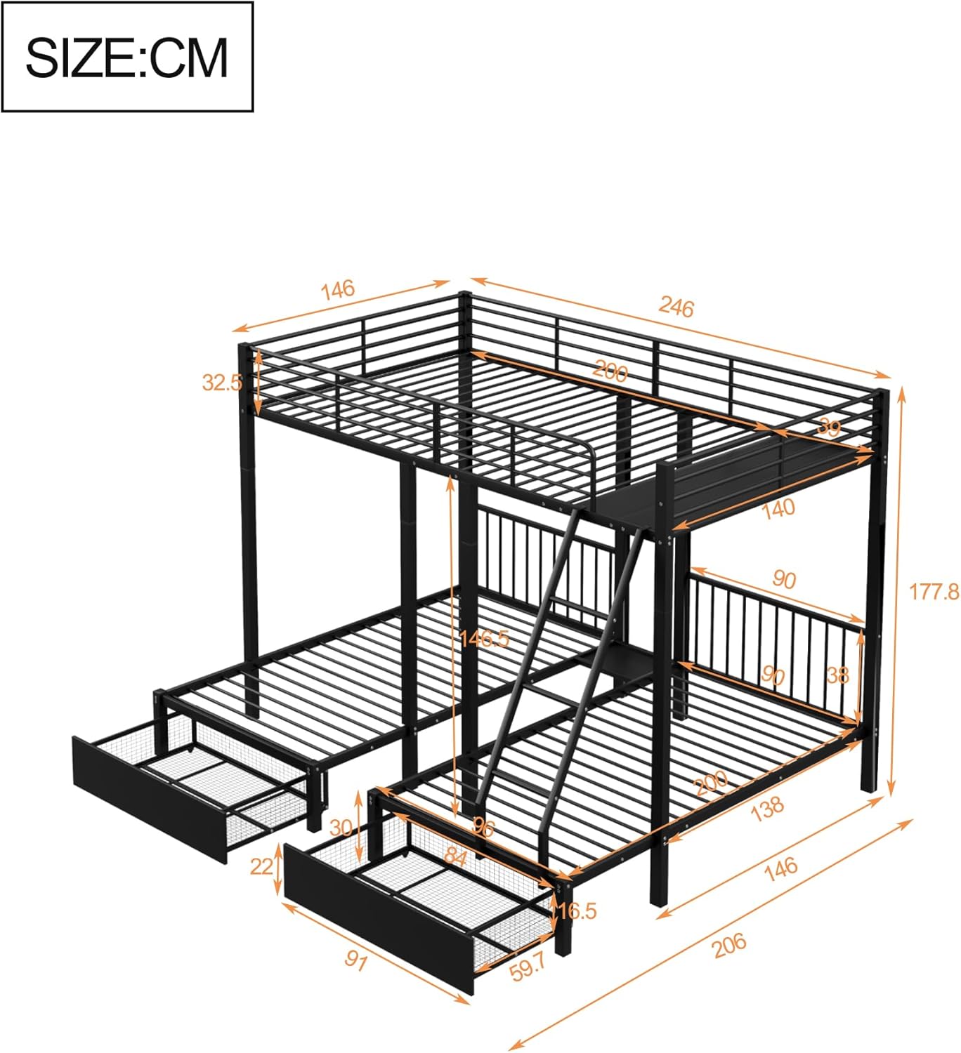 Soweiz Dreifaches Etagenbett mit Schubladen, Metallbettrahmen, umwandelbar in 140 x 200 Doppelbett und Zwei 90 x 200 Einzelbetten, multifunktionales Metallrahmenbett (Schwarz)