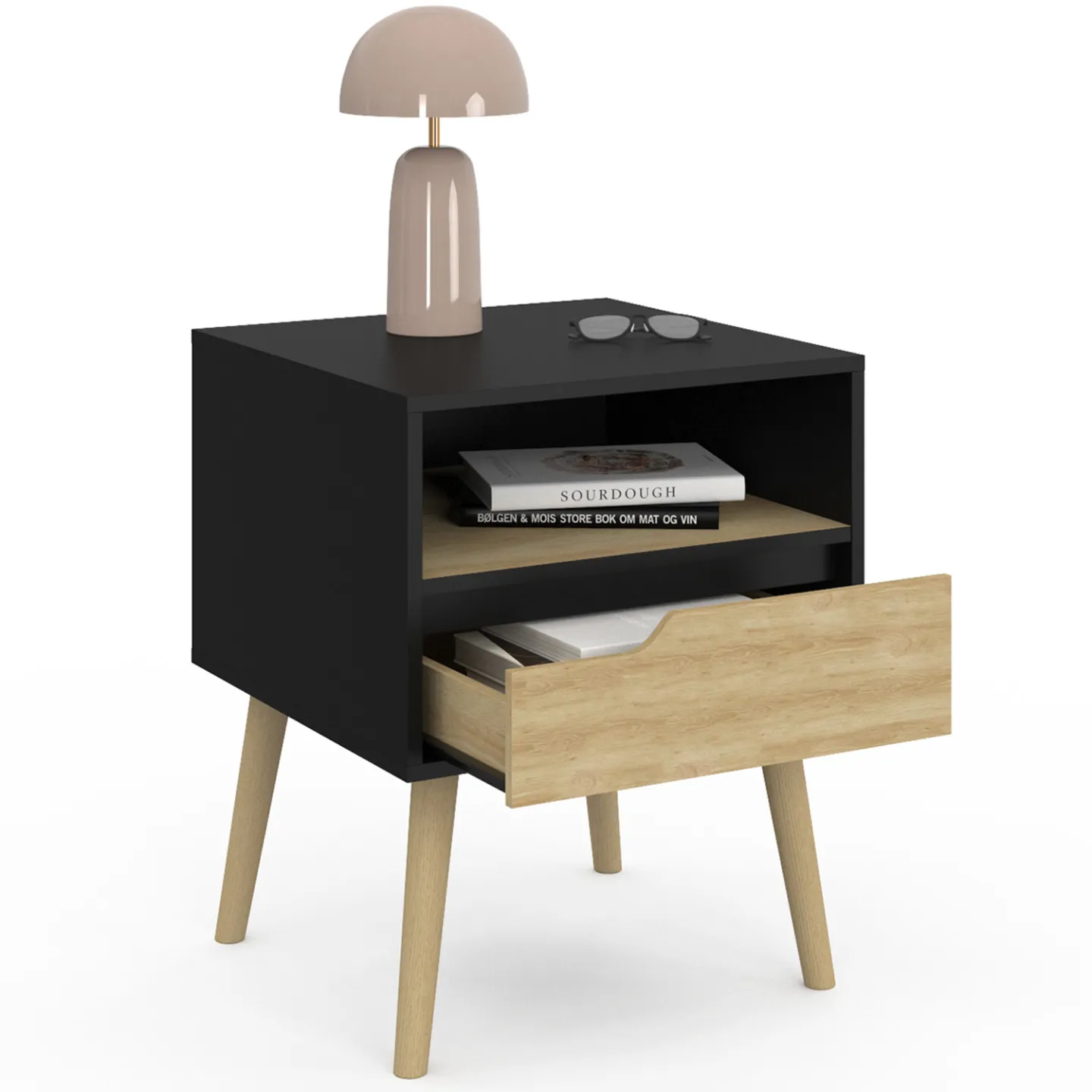 Lot de 2 tables de chevet HELSINKI scandinaves 1 tiroir avec niche noir et effet hêtre