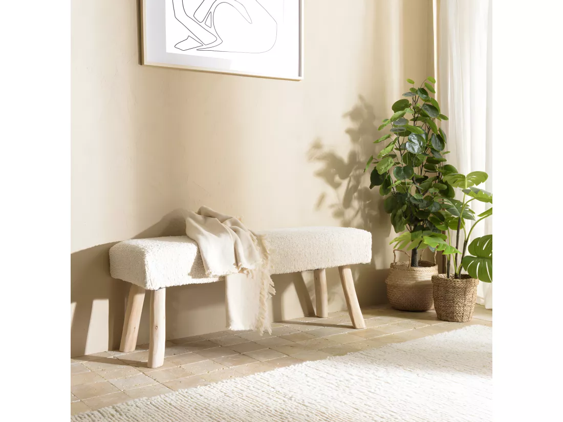 CHARLES - Banc 120x40cm en laine texturée ivoire pieds en bois naturel