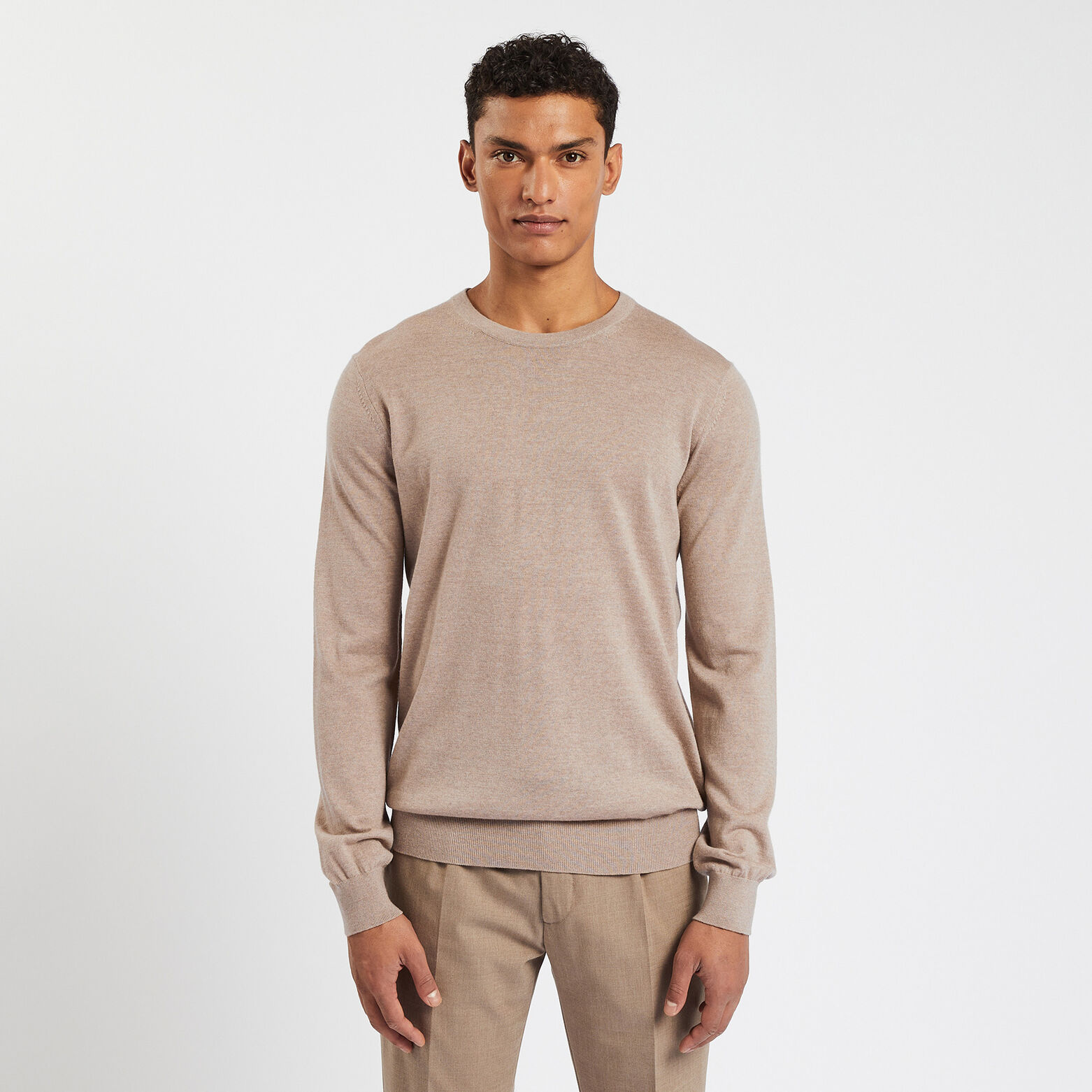 Pull col rond en laine mérinos Beige