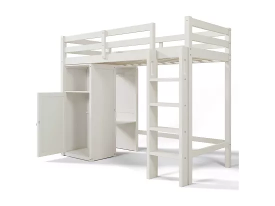Lit mezzanine 90x200 cm en bois de pin - avec armoire et étagères - Blanc