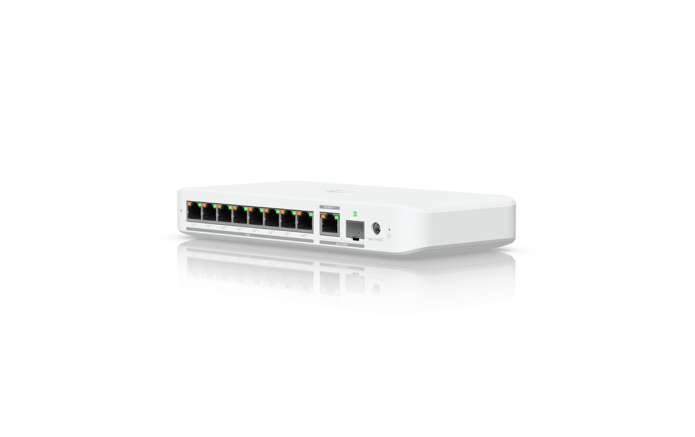 PoE++ Switch UniFi Flex 2.5G PoE 9 Port<br>Kompakter 8-Port 2.5 GbE PoE++ Switch mit 10 GbE RJ45/SFP+ Uplink für flexible Netzwerkintegrationen