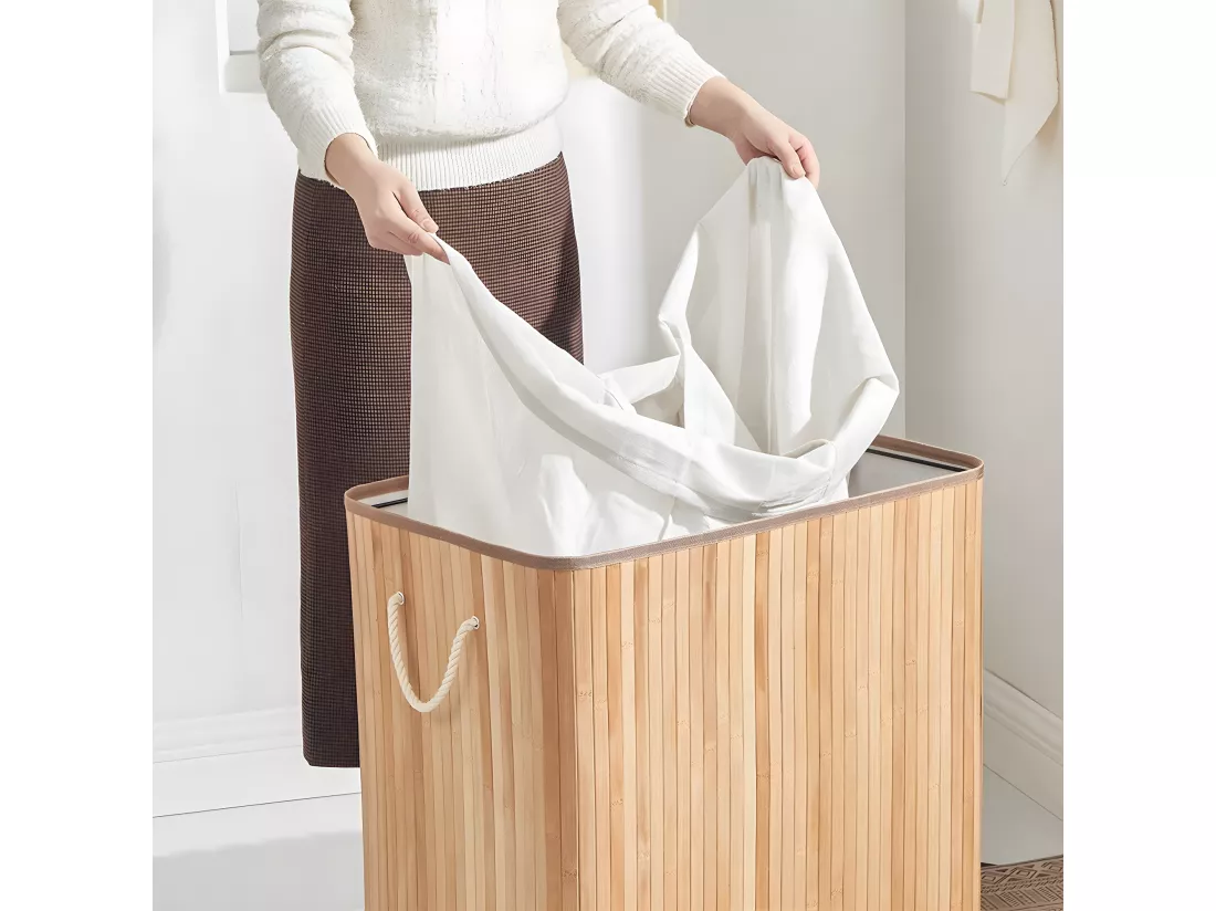 Panier à Linge en Bambou 3 Compartiments avec Couvercle et Poignées, 150L - L60 x H61,5 cm