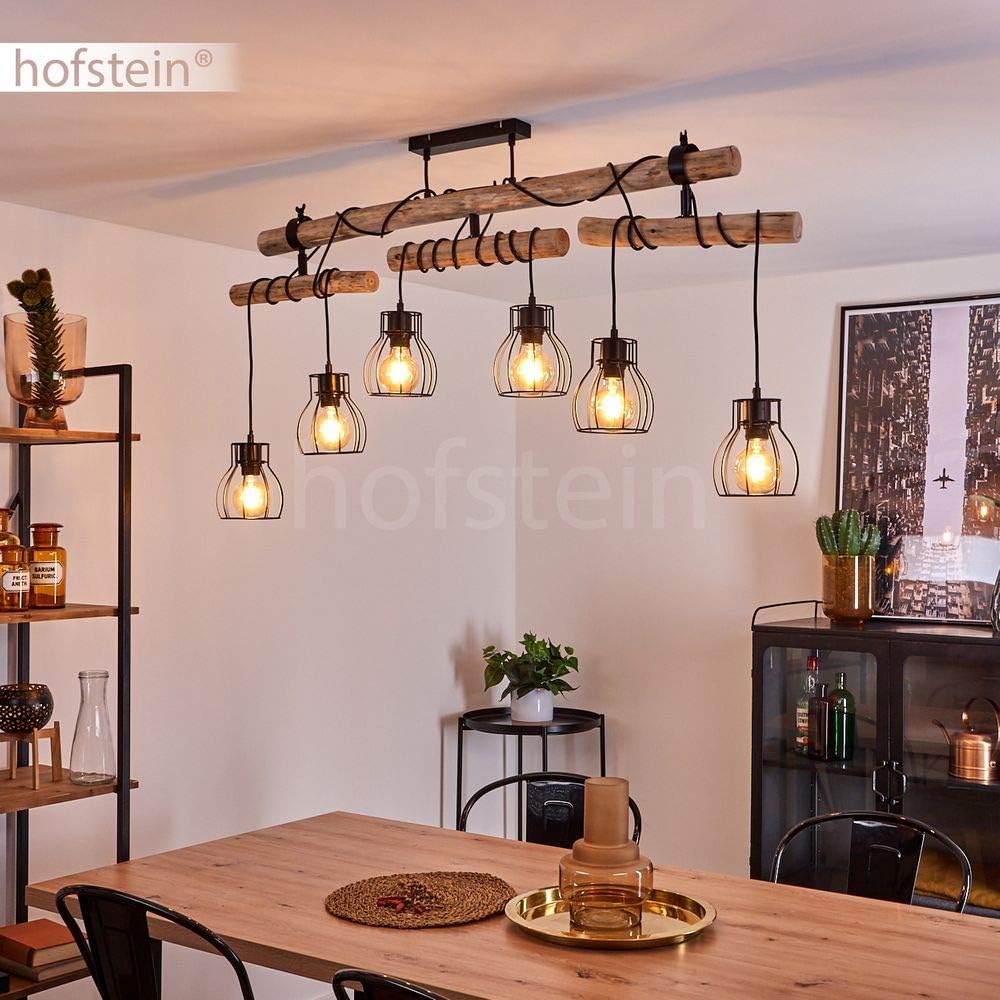 Deckenleuchte Gondo, 6-flammige Zimmerlampe aus Metall in schwarz und naturfarbenen Holz, Leuchtenköpfe sind individuell einstellbar, Deckenlampe im Retro/Boho Style, 6 x E27, ohne Leuchtmittel