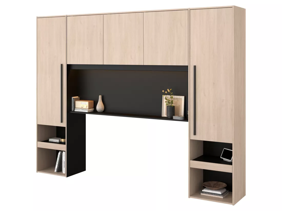 Lit pont 160 x 200 cm avec rangements - Avec LEDs - Coloris : Naturel et noir + Sommier + Matelas - VELONA