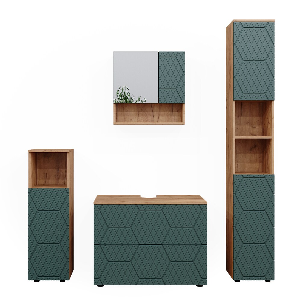 Vicco Badmöbel-Set Irma Eiche Grün 4-teilig Hochschrank Midischrank 95 cm