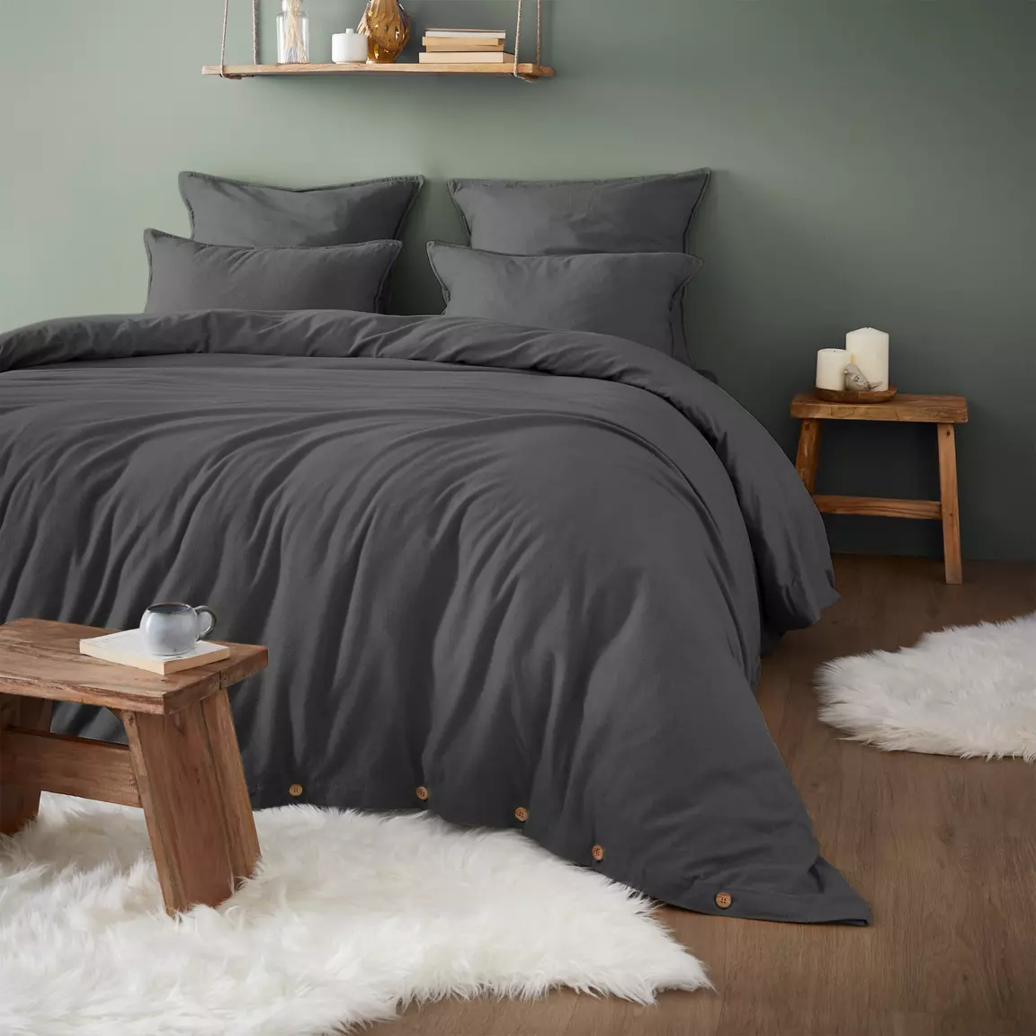 Drap housse flanelle de coton (140 x 190 cm) Théa Gris anthracite