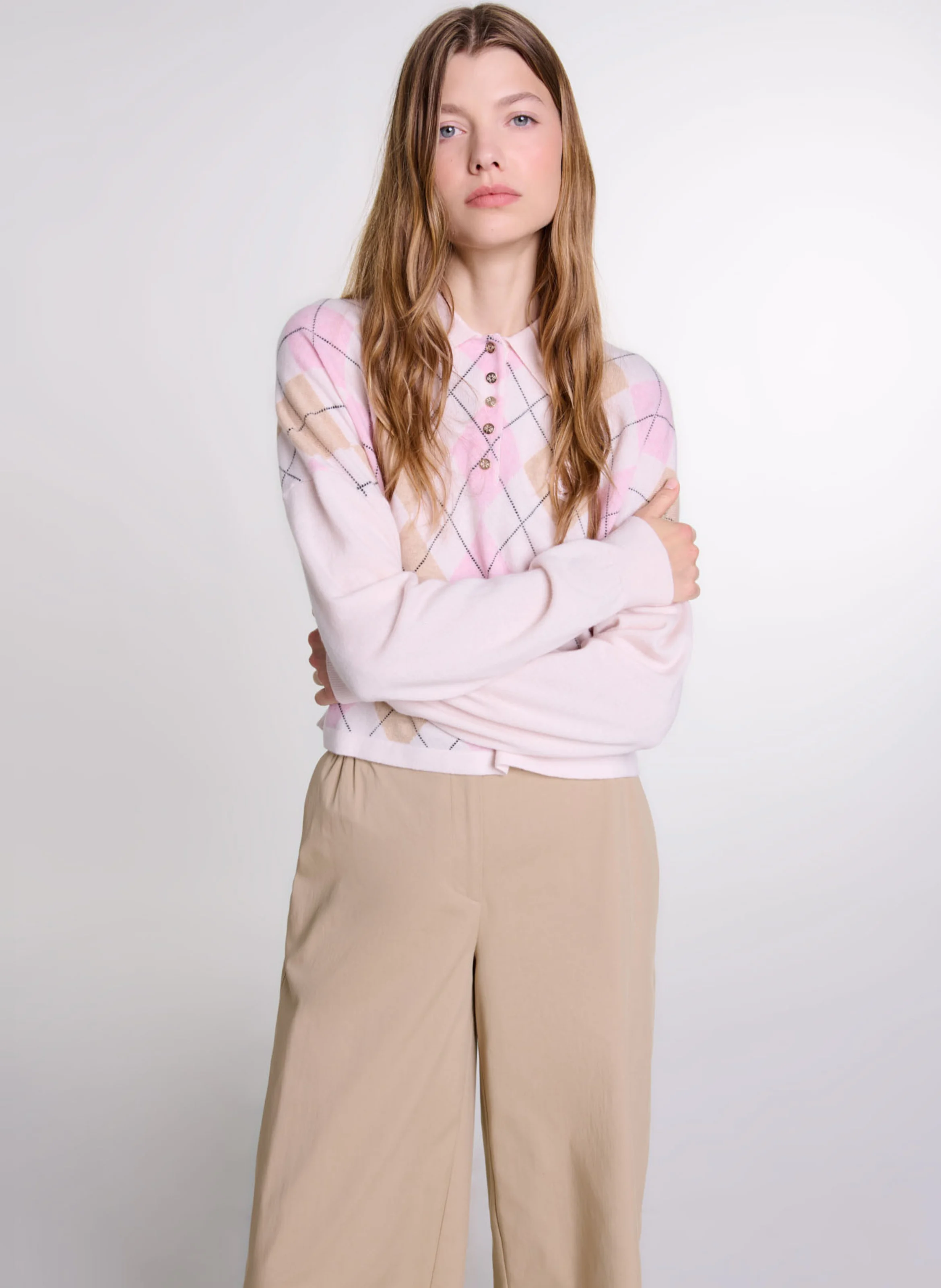 Pull court col polo en laine mélangée | Beige