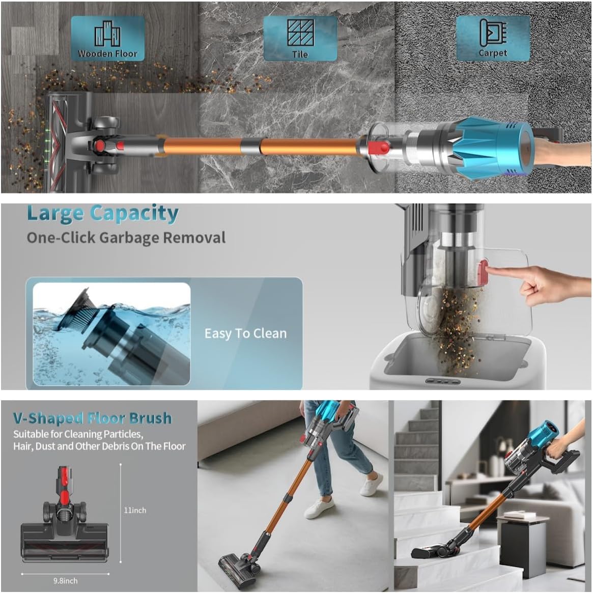 Ultra-starker Akku-Staubsauger mit automatischer Stauberkennung/Bis zu 40 Minuten Laufzeit/Beutelloser Staubsauger für Teppiche, Hartböden & Tierhaare Blau -550W