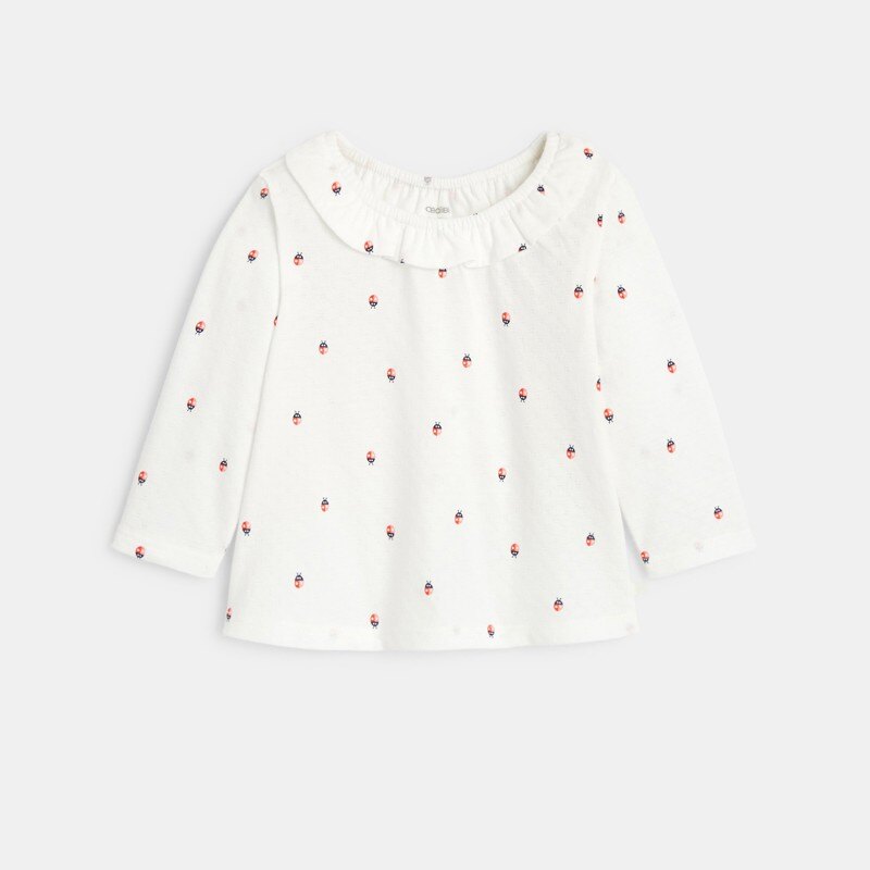 T-shirt col volanté maille fantaisie blanc bébé fille Blanc