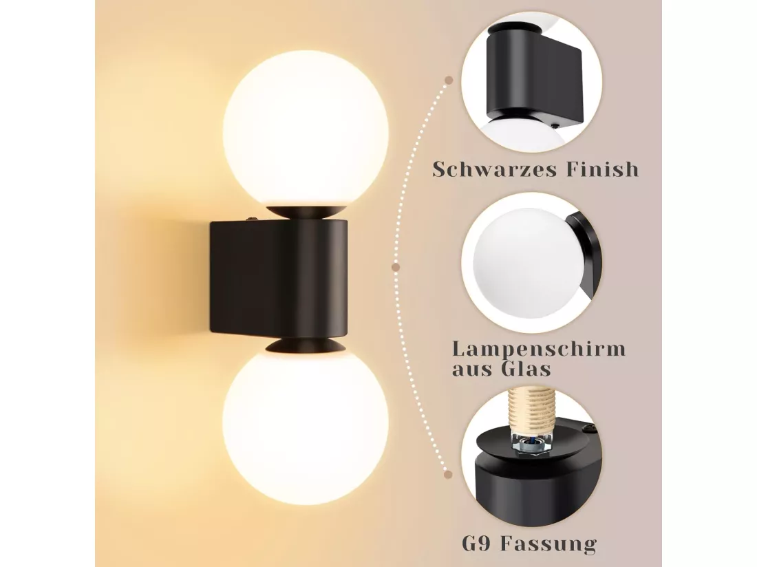 NETTLIFE Applique murale d'intérieur moderne en verre blanc noir 2 ampoules max 25W G9 (sans ampoule)