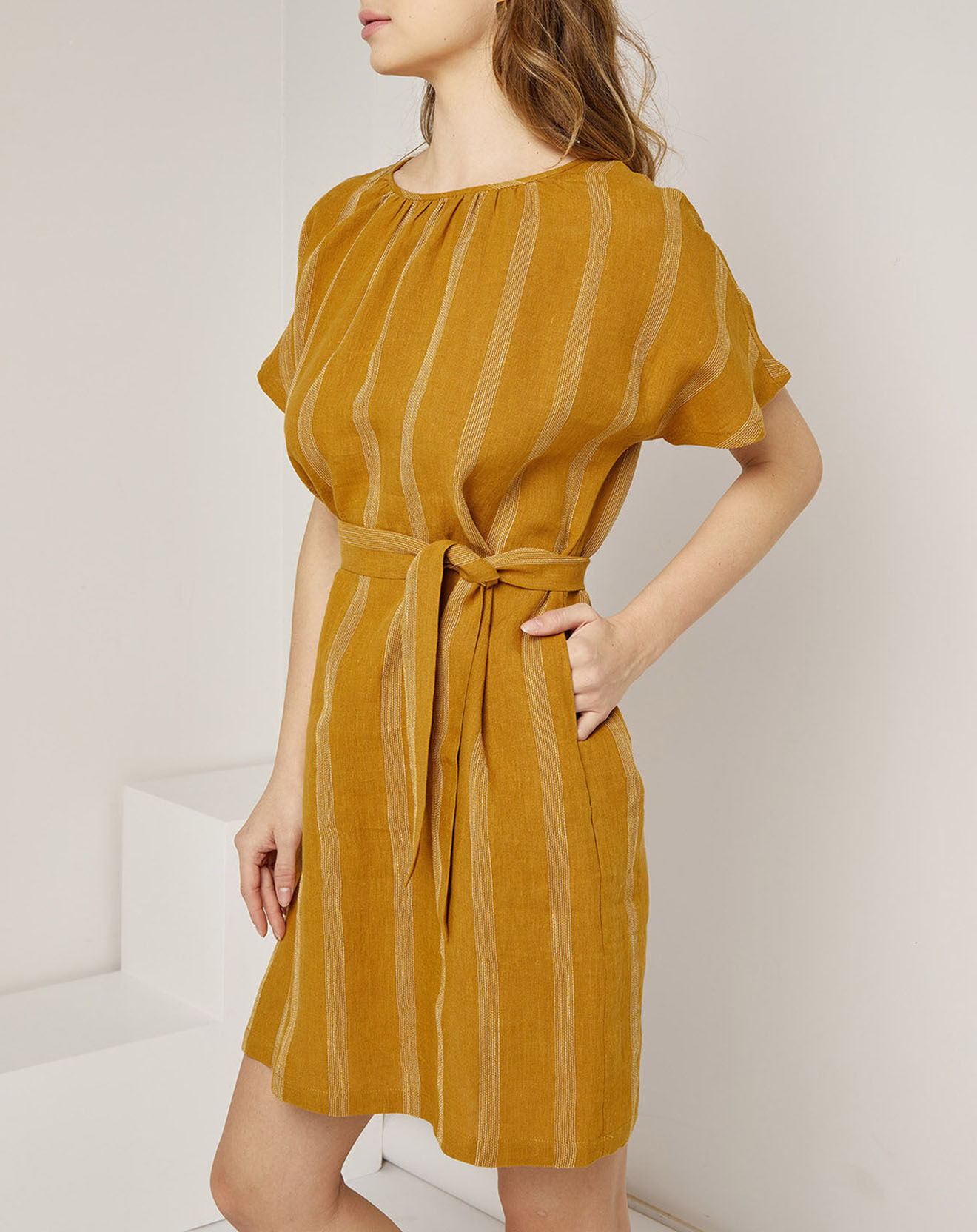 See u Soon Robe 100% Lin Zoé rayée ton sur ton jaune