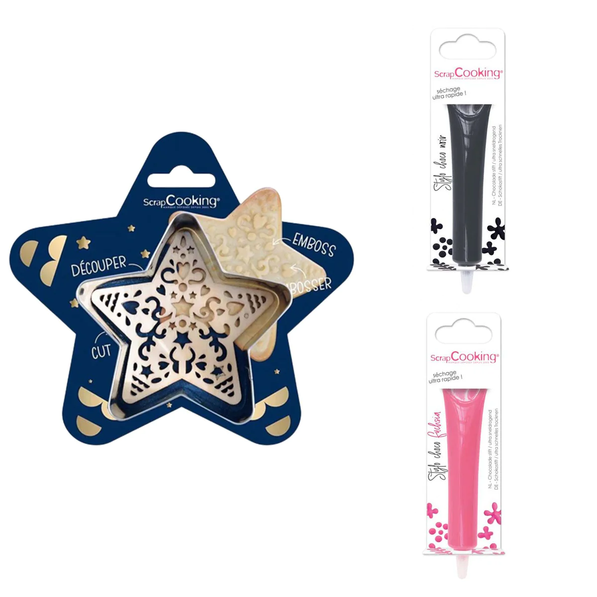 Kit pour biscuit en relief Étoile + 2 Stylos au chocolat noir et fuchs