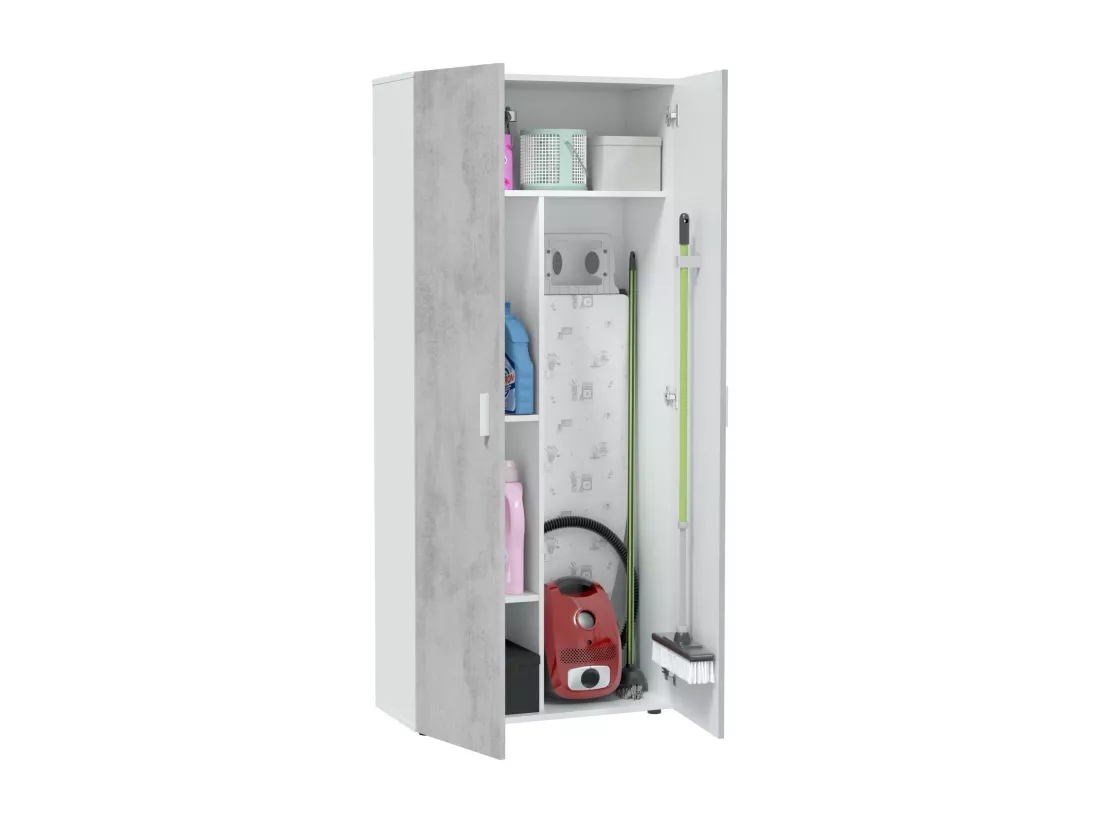 Armoire polyvalente Dferre, Armoire auxiliaire avec 2 portes et 3 étagères, Armoire à balais, 80x37h182 cm, Ciment et Blanc