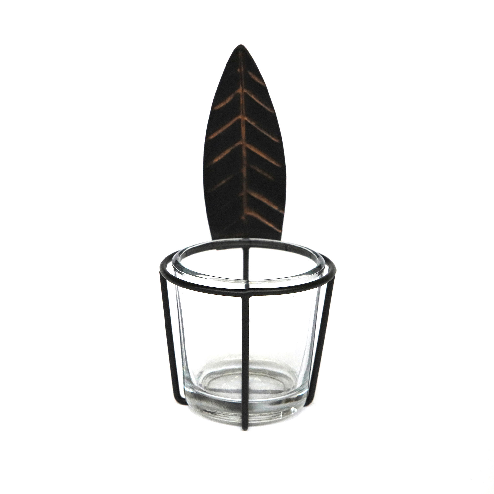 Teelichthalter 'Feder' mit Glas, schwarz, braun, Ø 7 cm, H 13 cm von fischer's lagerhaus