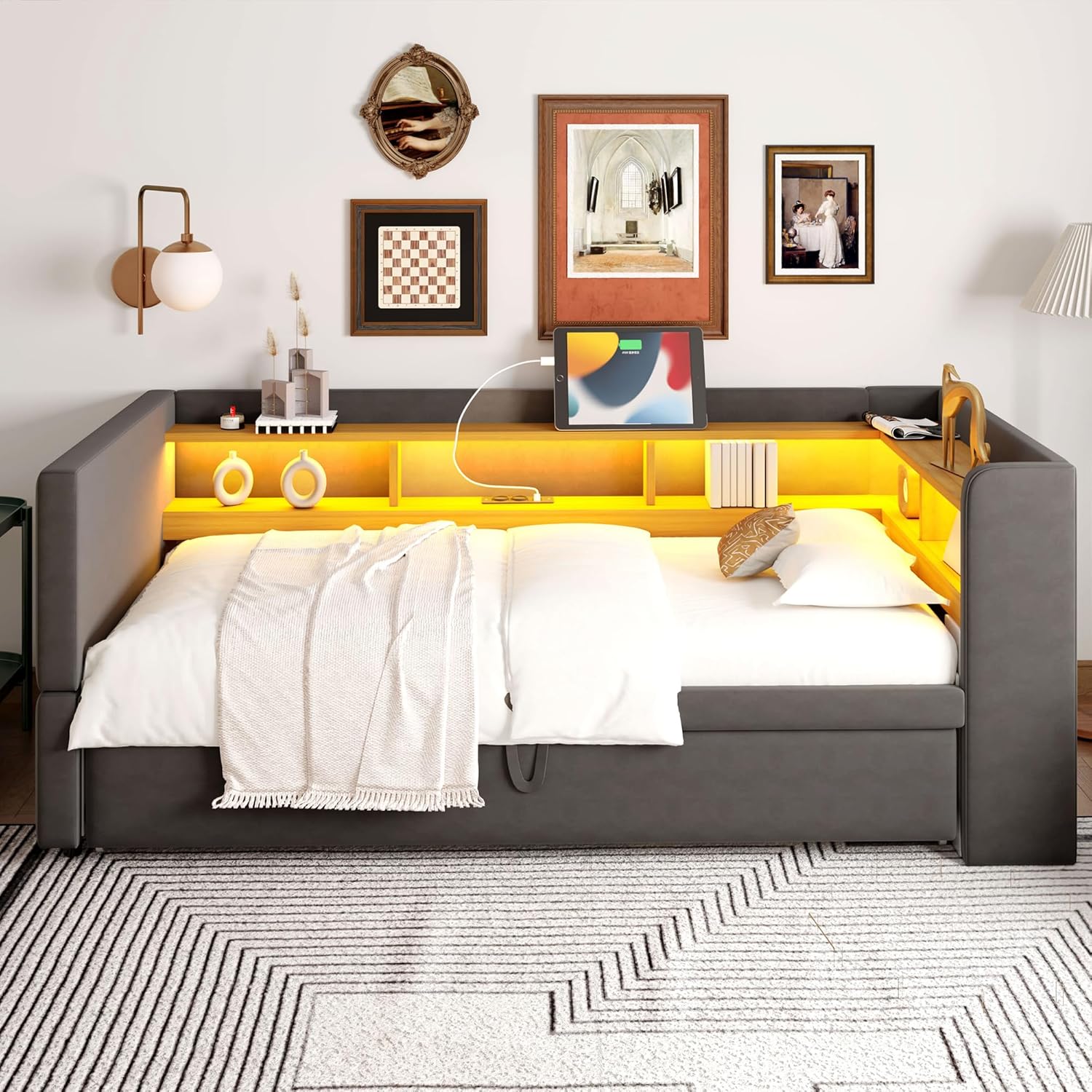 Polsterbett Ausziehbares Bett 90/180x190, Schlafsofa Bett mit LED-Beleuchtung, Ablagefächern & Ladestation,Tagesbett Funktionsbett Bettsofa Gästebett Jugendbett, Flannelette,Ohne Matratze (Dunkelgrau)