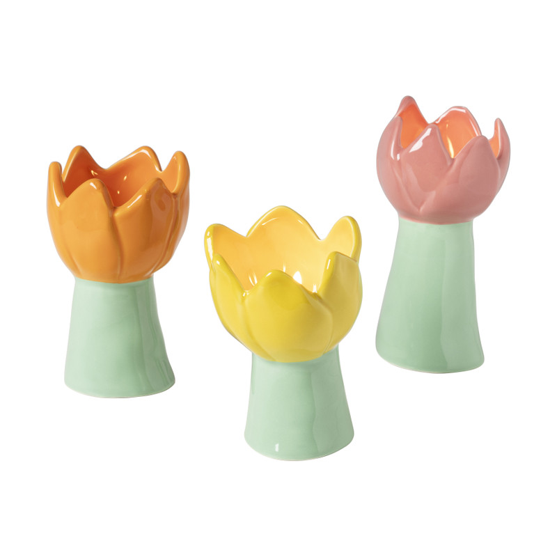 Waxinelichthouder tulp L - roze/groen - ø8x16 cm