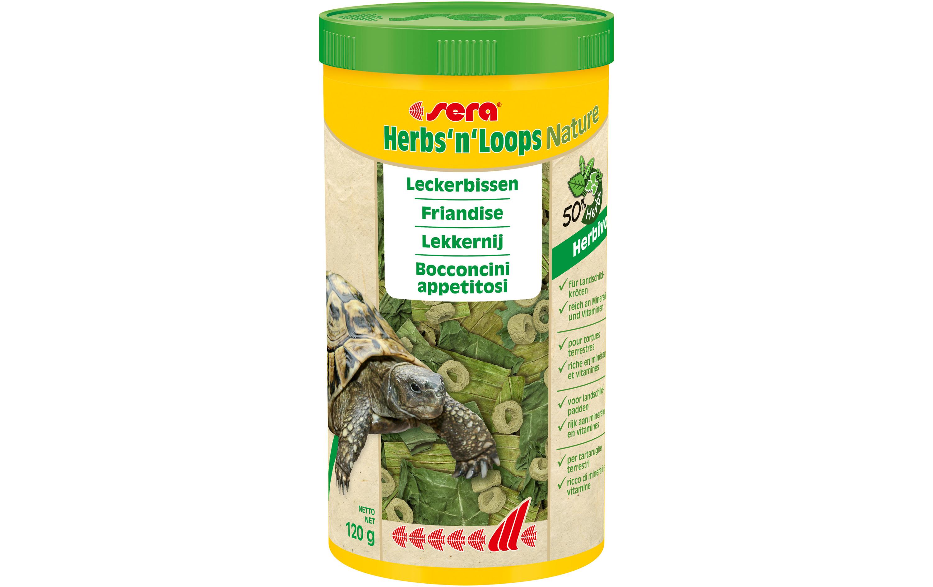 Leckerbissen Herbs'n'Loops Nature, 1000 ml, 120gMischfuttermittel für alle Landschildkröten, herbivore Reptilien